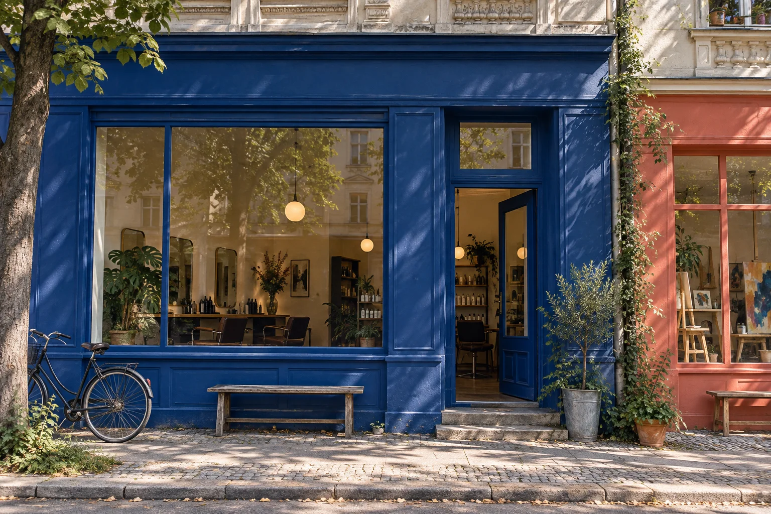 Illustrative Berliner Ladenfront mit blauem Studio und rotem Atelier