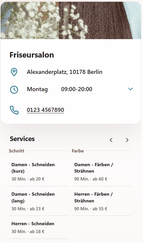 Kundenansicht: Leistung, Datum und Uhrzeit auswählen und einen Termin buchen.